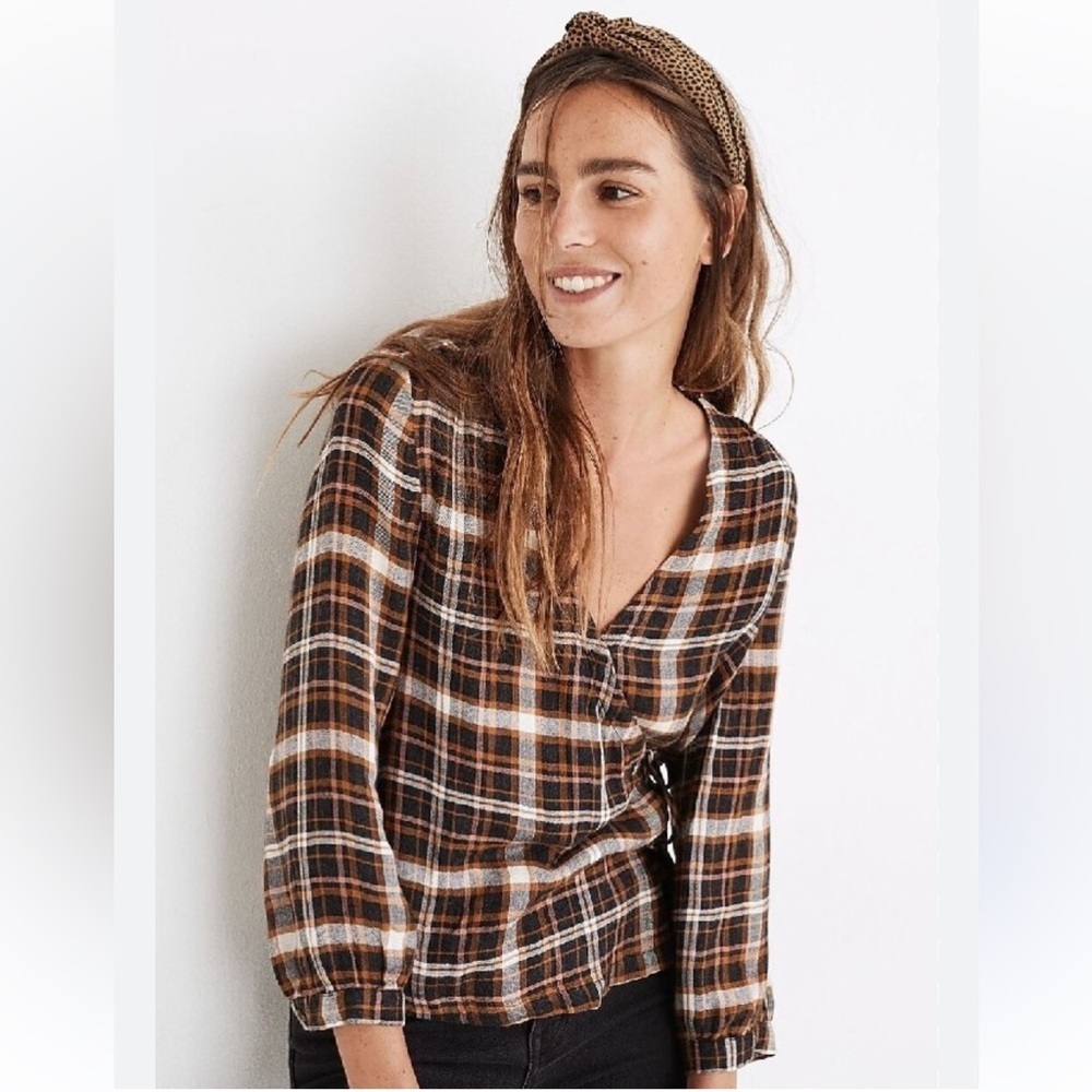 Madewell Plaid Wrap Blouse - Black and Brown. Size M . Style MC275